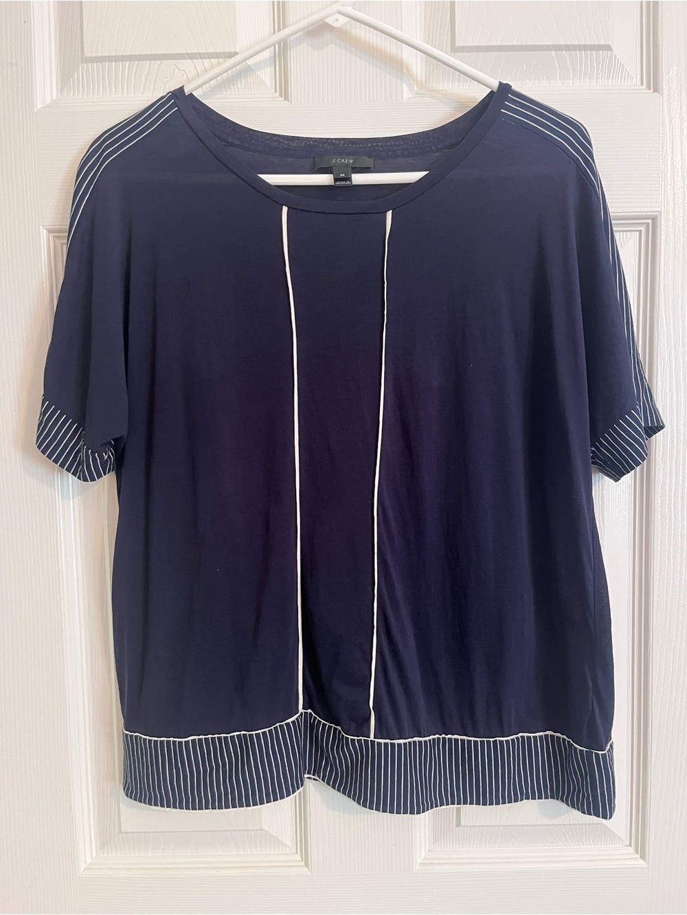 J Crew Blouse Navy with Cream Stripe Piping 100% Cotton Relaxed Fit Medium - Picture 2 of 4